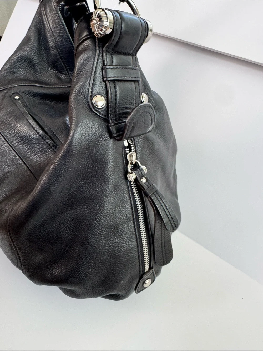 B. Makowsky Black Leather Hobo Handbag Silver Tone Hardware